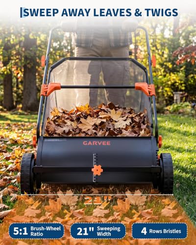 21 Inch Non-Powered Leaf Sweeper with Metal and Plastic Frame - Yard Cleanup Tool