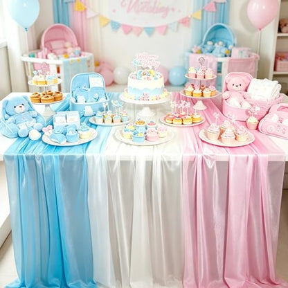 Pink and Blue Chiffon Table Runners Set of 6 10Ft for Baby Shower Wedding Party