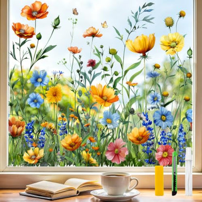 Decorative Static Cling Window Film - Field Poppy Floral Design, 78.7" x 17.5" - Reusable, No-Residue, Bubble-Free Installation