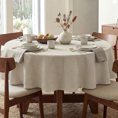 Round Waffle Textured Waterproof Tablecloth 70x70 Inch Natural - Stain & Wrinkle Resistant