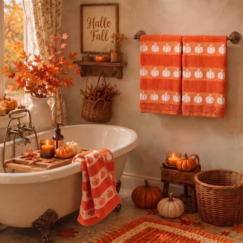 Fall Pumpkin Hand Towels - Burnt Orange Autumn Decor, 2 Pcs