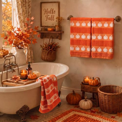 Fall Pumpkin Hand Towels - Burnt Orange Autumn Decor, 2 Pcs