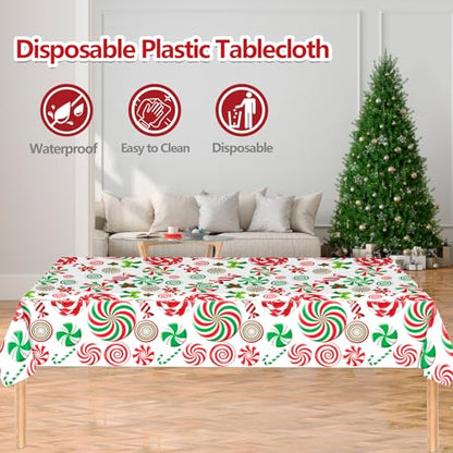 Christmas Candy Cane Plastic Tablecloth Set - 3 Pieces, 54x108 Inches