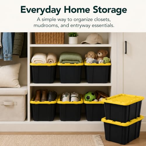 Stackable 27-Gallon Storage Bins with Lids - Black and Yellow, Heavy Plastic, 6 Pack
