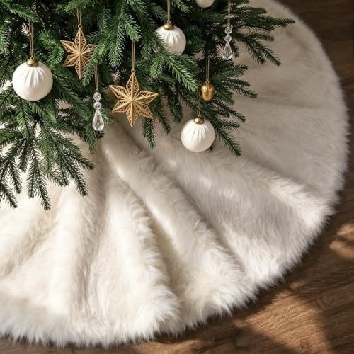 60 Inch White Faux Fur Christmas Tree Skirt - Extra Large Snow White Holiday Decor