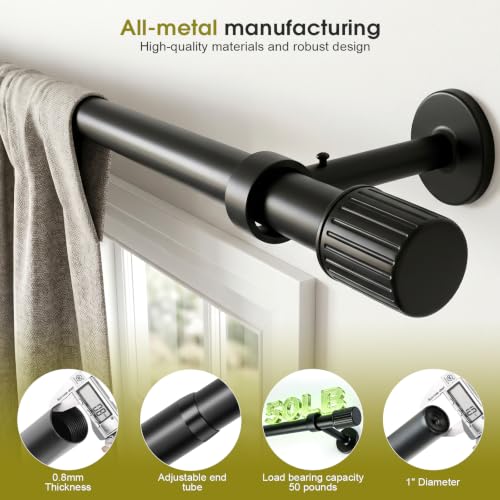 Heavy Duty Steel Curtain Rod, Adjustable 72-86 Inch, Rustic Industrial Black - Includes Mounting Brackets