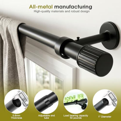 Heavy Duty Steel Curtain Rod, Adjustable 72-86 Inch, Rustic Industrial Black - Includes Mounting Brackets