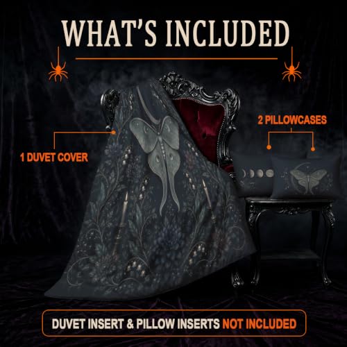 Oversized King Gothic Duvet Cover Set Luna Moth Floral Navy Blue Gray Silver