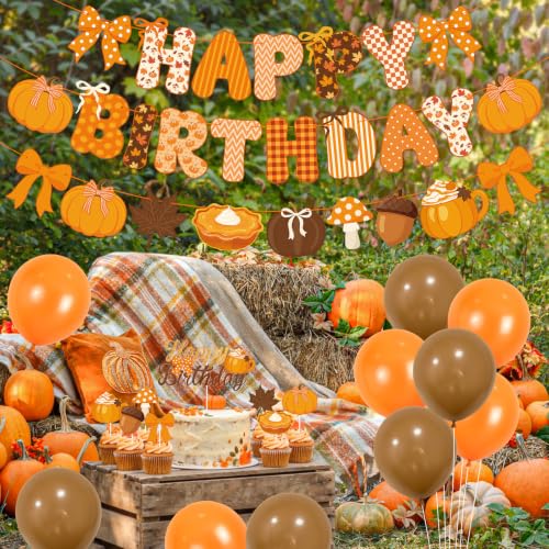 Fall Birthday Party Decorations Set with Banners, Balloons & Cake Toppers