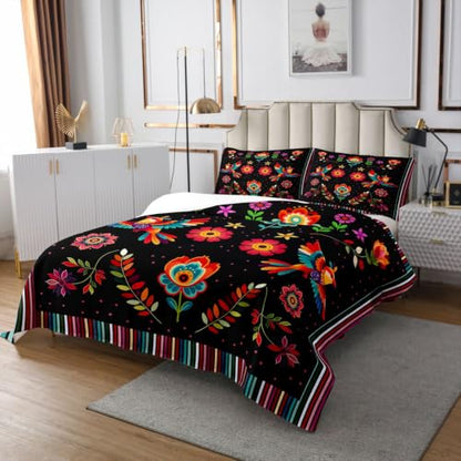 Mexican Talavera Floral Bedspread Set - Queen, Black & Red, 3 Pieces