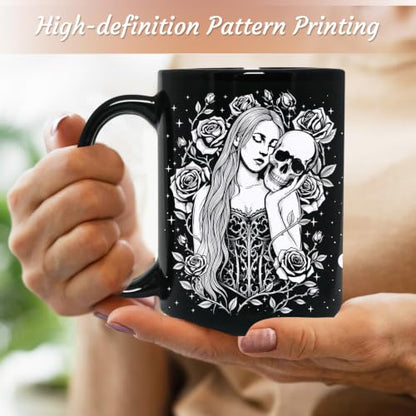 Black Skull Mug 15oz - Gothic Halloween Coffee Cup for Women, Spooky Gift