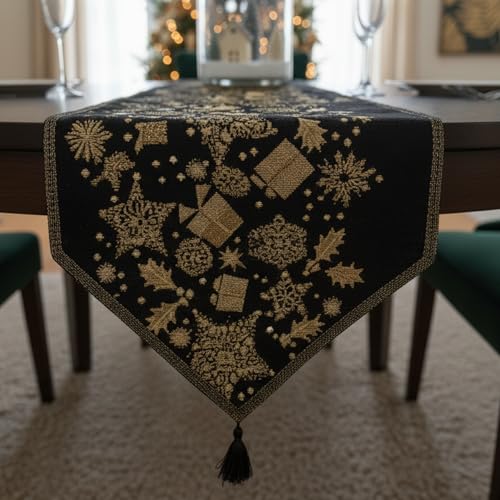 Christmas Table Runner Black & Gold Reindeer Decor 13x54 Inches