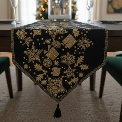 Christmas Table Runner Black & Gold Reindeer Decor 13x54 Inches