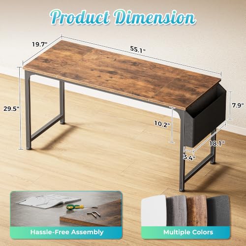 PRAISUN 55-Inch Computer Desk with Fabric Storage Bag - Rustic Brown