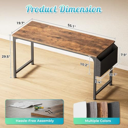 PRAISUN 55-Inch Computer Desk with Fabric Storage Bag - Rustic Brown