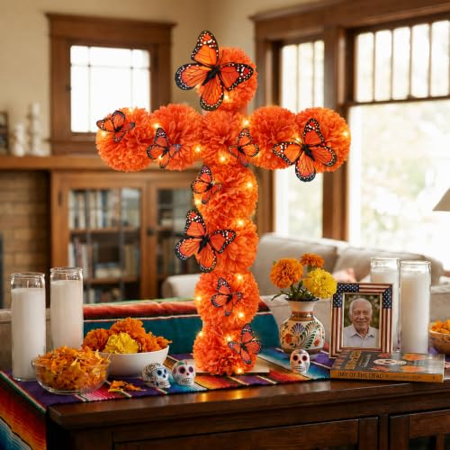 Day of the Dead Marigold Cross Decoration with Butterflies and String Lights