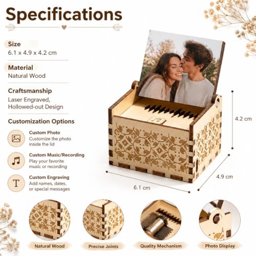 Personalized Wooden Music Box with Photo & Text - Design 01 - Romantic Gift