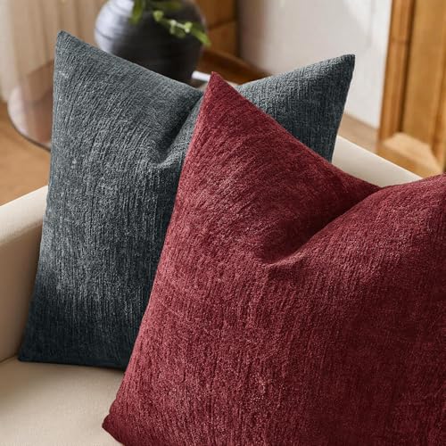 MIULEE Burgundy Textured Chenille Couch Pillow Covers 18x18 Pack of 2