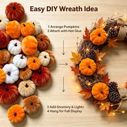 16Pcs Velvet Pumpkin Decor Set for Fall Halloween Thanksgiving - Realistic Plush Pumpkins
