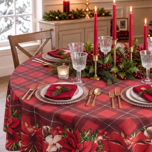 Softalker Christmas Plaid Round Tablecloth 70 Inch - Red Checkered, Flower Variation