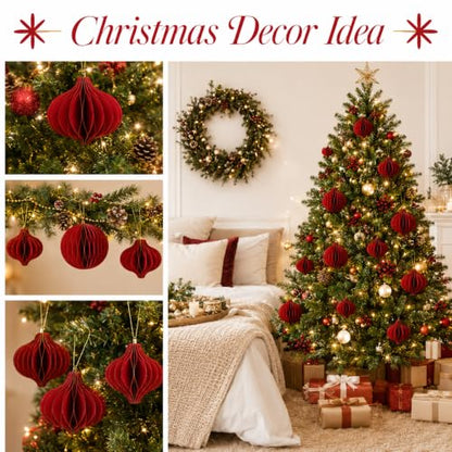 Red Honeycomb Paper Christmas Ornaments - Assorted Ball & Teardrop Shapes - 3 Pack