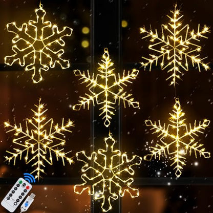 Glooglitter 6 Pack 13-Inch Christmas Snowflake Window Lights - Warm White, USB Powered, 8 Modes