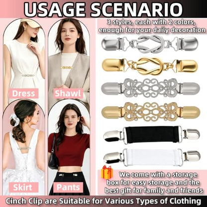 6 Pack Retro Waist Cinch Clips for Shirts, Sweaters & Dress Tights
