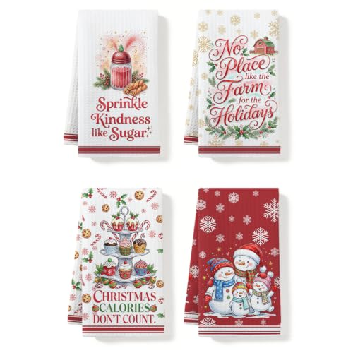 Christmas Kitchen Towels Multi 1665 - Soft Absorbent Waffle Hand Towels (4 Pack)