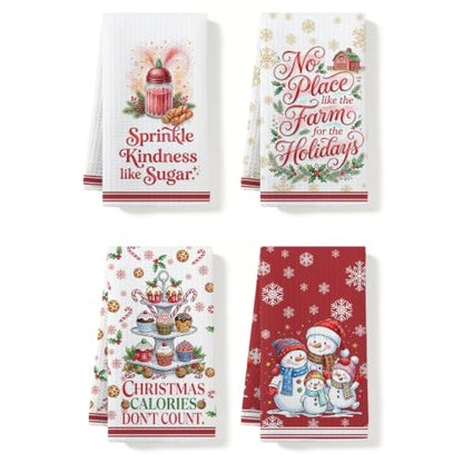 Christmas Kitchen Towels Multi 1665 - Soft Absorbent Waffle Hand Towels (4 Pack)