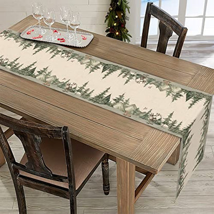 Winter Forest Reindeer Pine Tree Table Runner for Christmas - 13"x48"