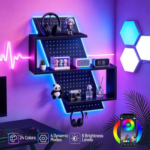 Black S-Shaped Gaming Floating Shelf with LED Light Strip, 3 Tiers & Hooks