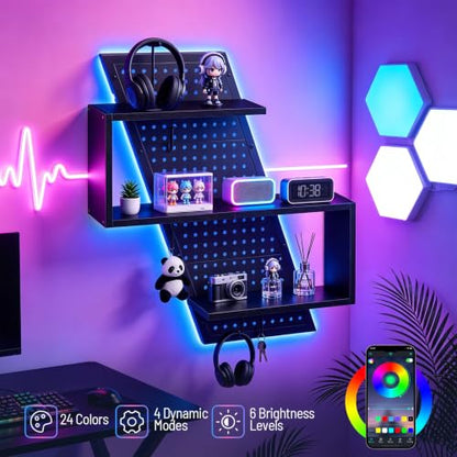 Black S-Shaped Gaming Floating Shelf with LED Light Strip, 3 Tiers & Hooks