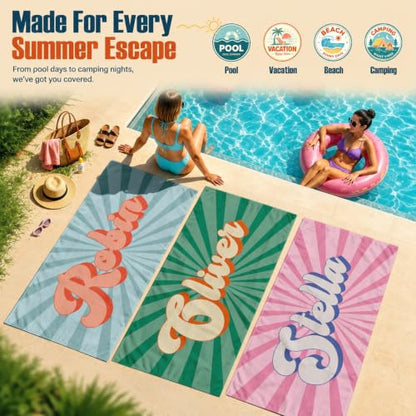 Personalized Beach Towel with Name - Retro Summer Vacation Style 02 - Microfiber, Quick Dry & Sand-Free - Custom Kids & Adults Beach Gift