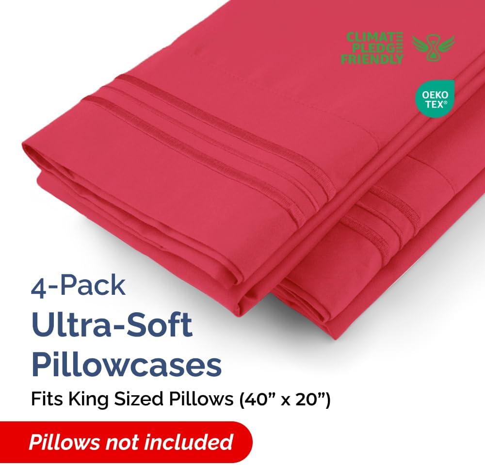CGK Unlimited King Size Microfiber Pillowcase Set - Soft & Durable, 4 Pieces in Red