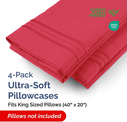 CGK Unlimited King Size Microfiber Pillowcase Set - Soft & Durable, 4 Pieces in Red