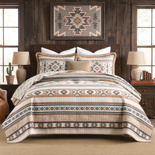 Queen Size Cotton Quilt Set with 2 Pillow Shams - Brown/Charcoal/Cream