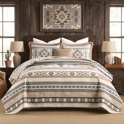 Queen Size Cotton Quilt Set with 2 Pillow Shams - Brown/Charcoal/Cream