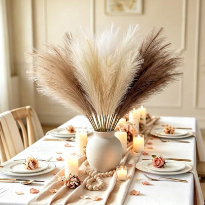 Artificial Pampas Grass Decor Set - Beige, Khaki & White, 21.6 Inch Fluffy Boho Home Accent