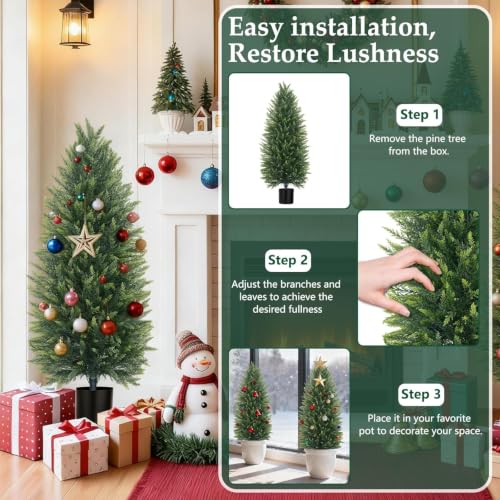 Artificial Topiary Cedar Trees 4Ft 2-Pack with Pots - Faux Garden Plants