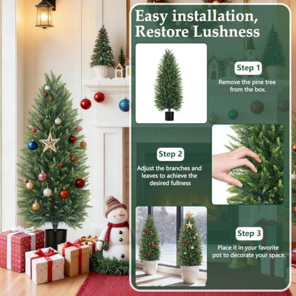 Artificial Topiary Cedar Trees 4Ft 2-Pack with Pots - Faux Garden Plants