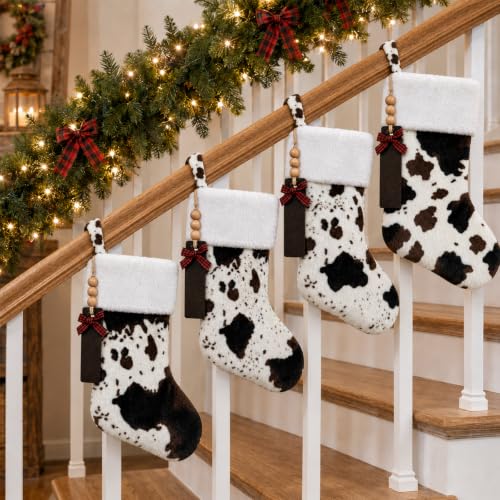 Cow Print Christmas Stockings 20 Inch Faux Fur Personalized Name Tags - Set of 2