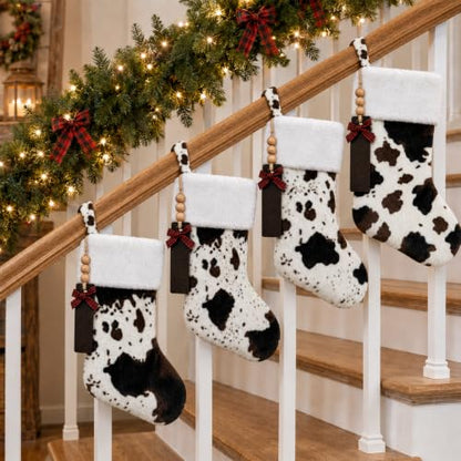 Cow Print Christmas Stockings 20 Inch Faux Fur Personalized Name Tags - Set of 2