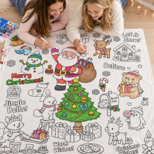 Merry Christmas Coloring Blanket for Adults & Kids - 50 x 60 Inch with 24 Markers