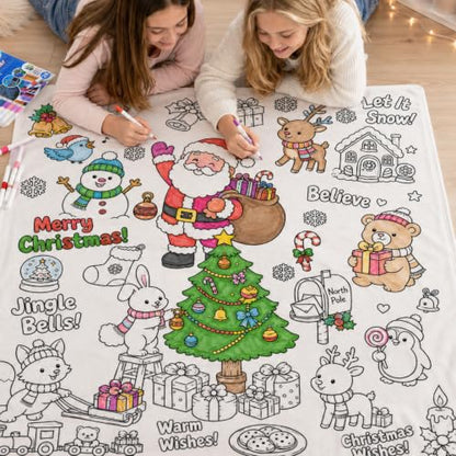 Merry Christmas Coloring Blanket for Adults & Kids - 50 x 60 Inch with 24 Markers