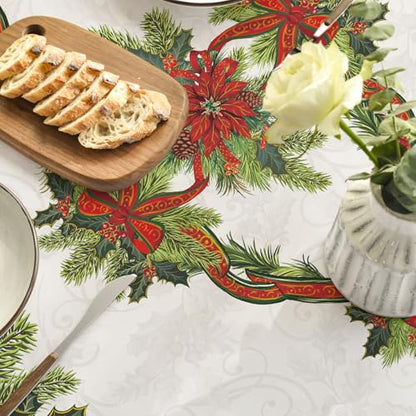 Christmas Tablecloth 70x70 Inch Round Poinsettia Gold Ribbon Red Variation