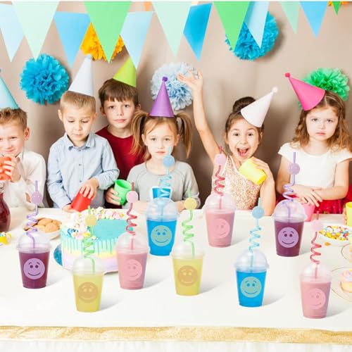 24 Pack Smile Face Pastel Cups with Lids and Straws - 12 oz Party Drinkware