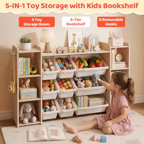 Toy Storage Organizer with Bookshelf and Bins - Solid Pine Kids Playroom Storage