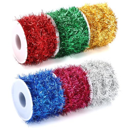Christmas Tinsel Garland Set - 6 Rolls, 98.4 ft Holiday Decor