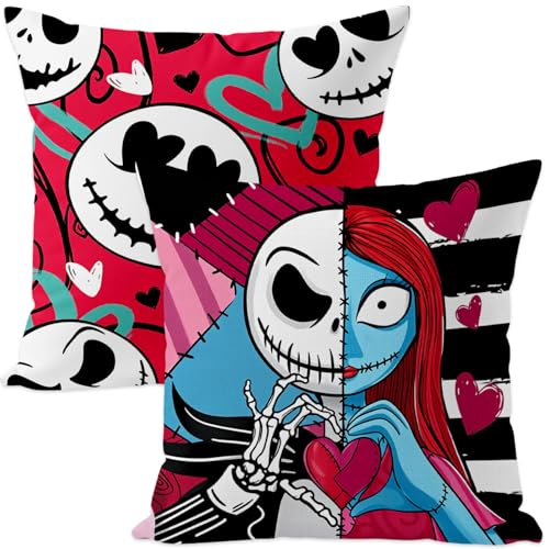 Valentine's Day Throw Pillow Covers Set - Nightmare Before Christmas Style 18x18 Plush Fleece