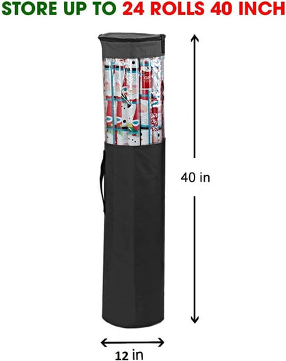 ProPik Wrapping Paper Storage Organizer Bag - Heavy Duty 40-Inch Capacity for 24 Rolls | Black with Clear PVC and Zippered Top